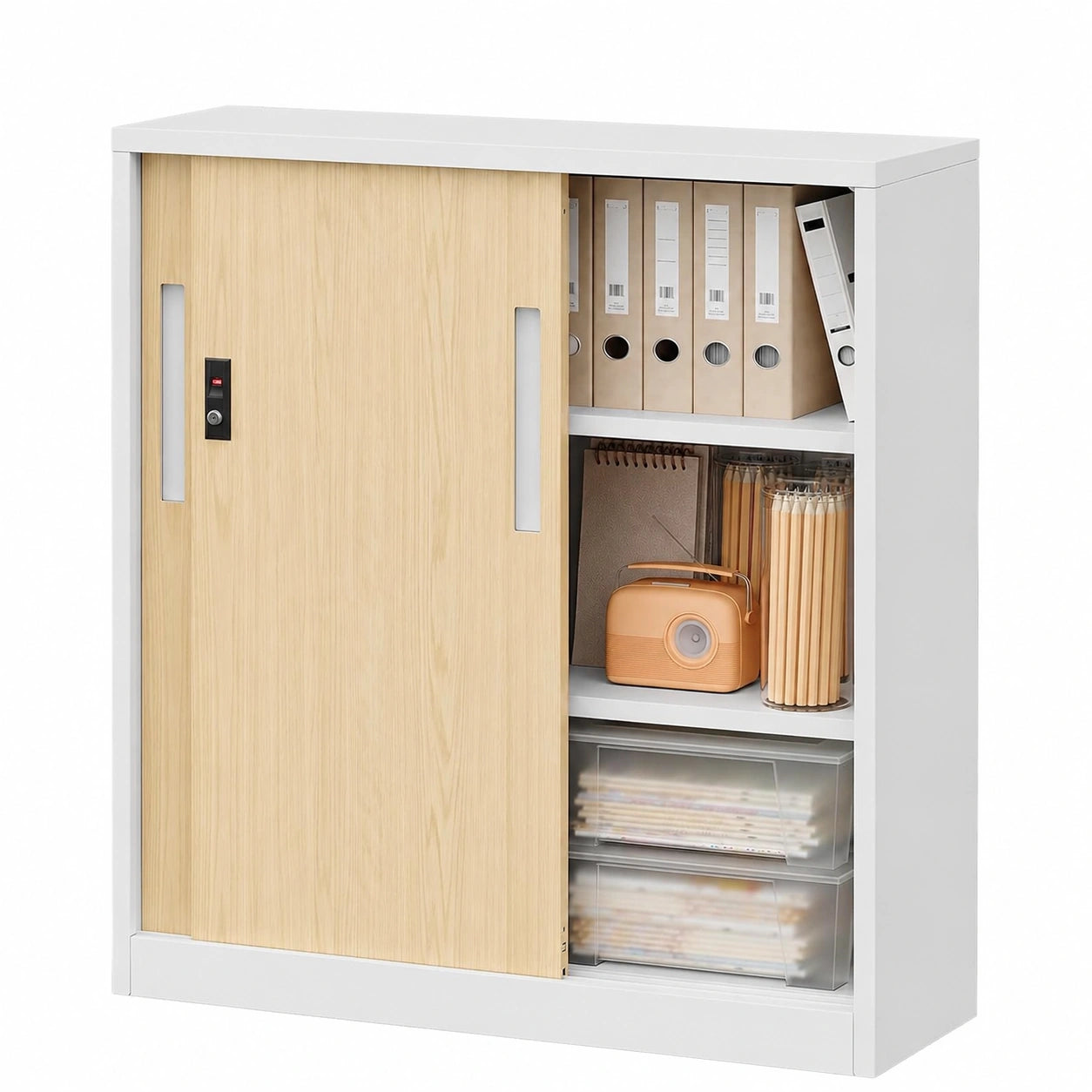Metall-Sideboard mit Schiebetüren, abschließbar, 2 Fächer, 90x40x80 cm, für Büro
