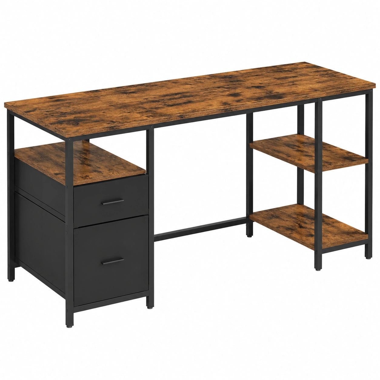 VASAGLE Industrieller Computertisch mit Regalen und Schubladen, 160 x 60 x 76 cm, Vintagebraun-Schwarz