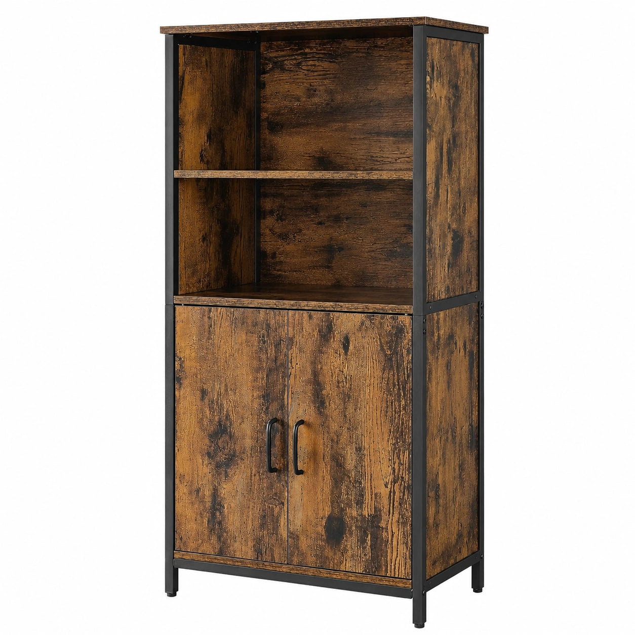 VASAGLE Küchenregal mit verstellbaren Ablagen und Türen, Stahlrahmen, vintagebraun-schwarz, für Wohnzimmer und Küche